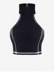 Contrast Stitching Ribbed High Neck Crop Top -  