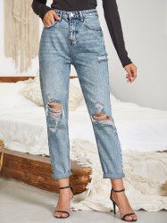 Destroy Wash Zip Fly Long Jeans -  