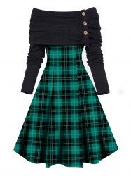 Plaid Print Panel Foldover Mock Button Off the Shoulder A Line Mini Dress -  