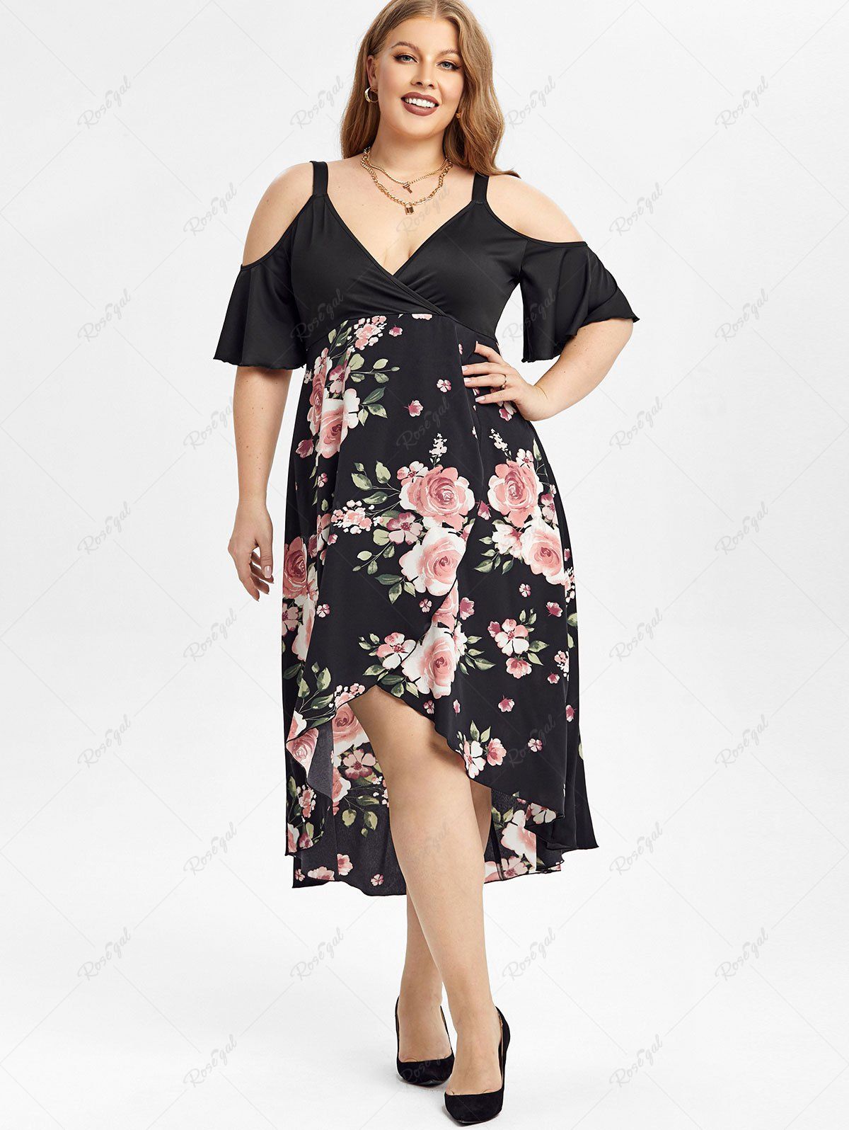 Outfit Plus Size Plunge Floral Print High Low Cold Shoulder Midi Dress  