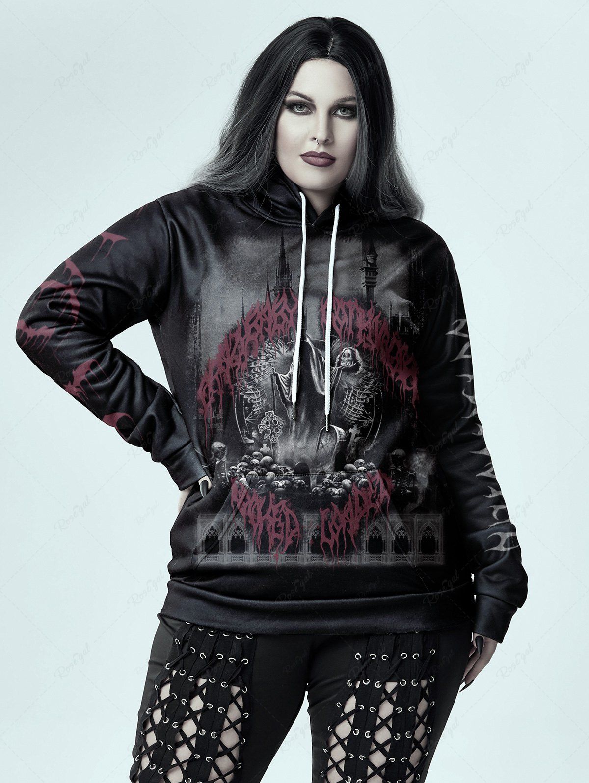 Outfits Gothic Skeleton Graphic Front Pocket Flocking Lined Hoodie  