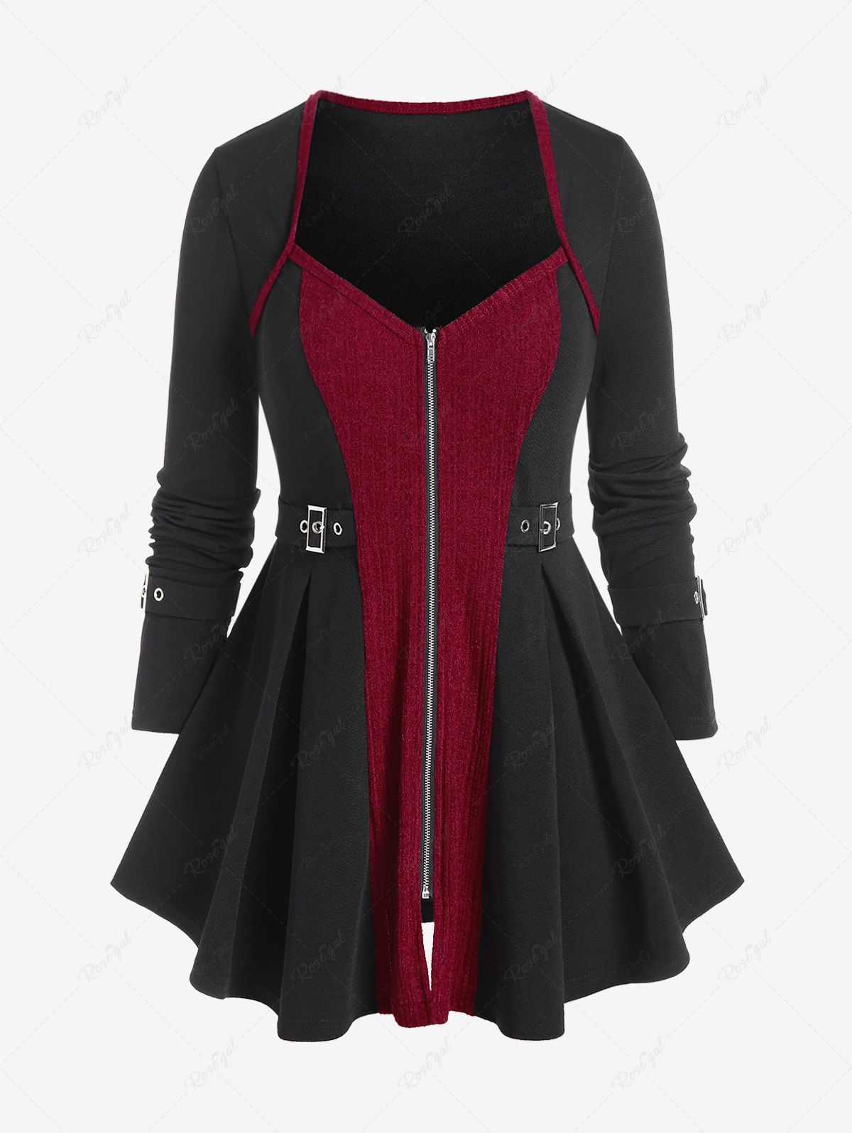 New Gothic Buckles Zipper Fly Two Tone Long Sleeves Tee  