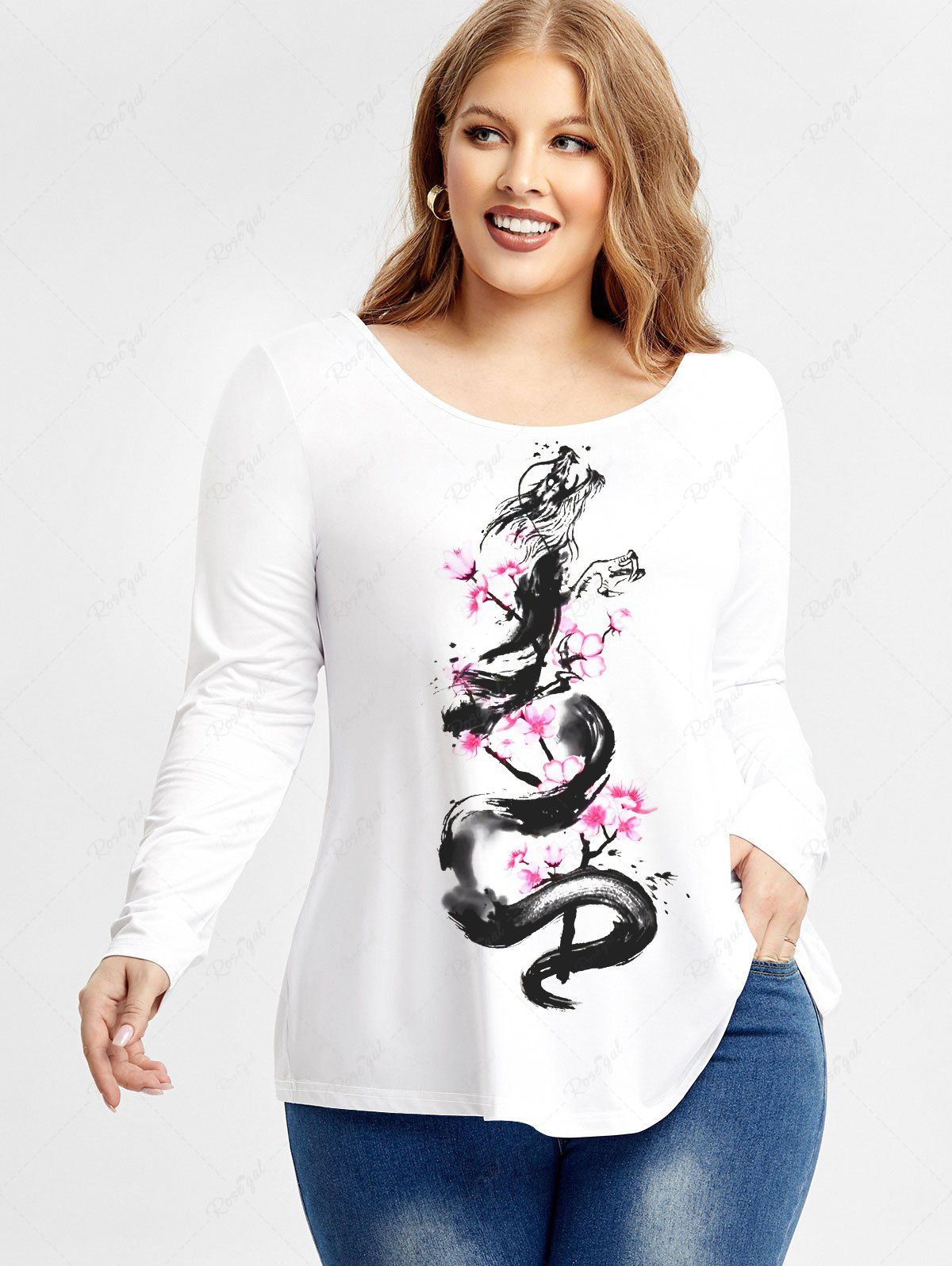 T-shirt à Imprimé Dragon et Fleur de Grande Taille à Manches Longues Blanc 2X | US 18-20