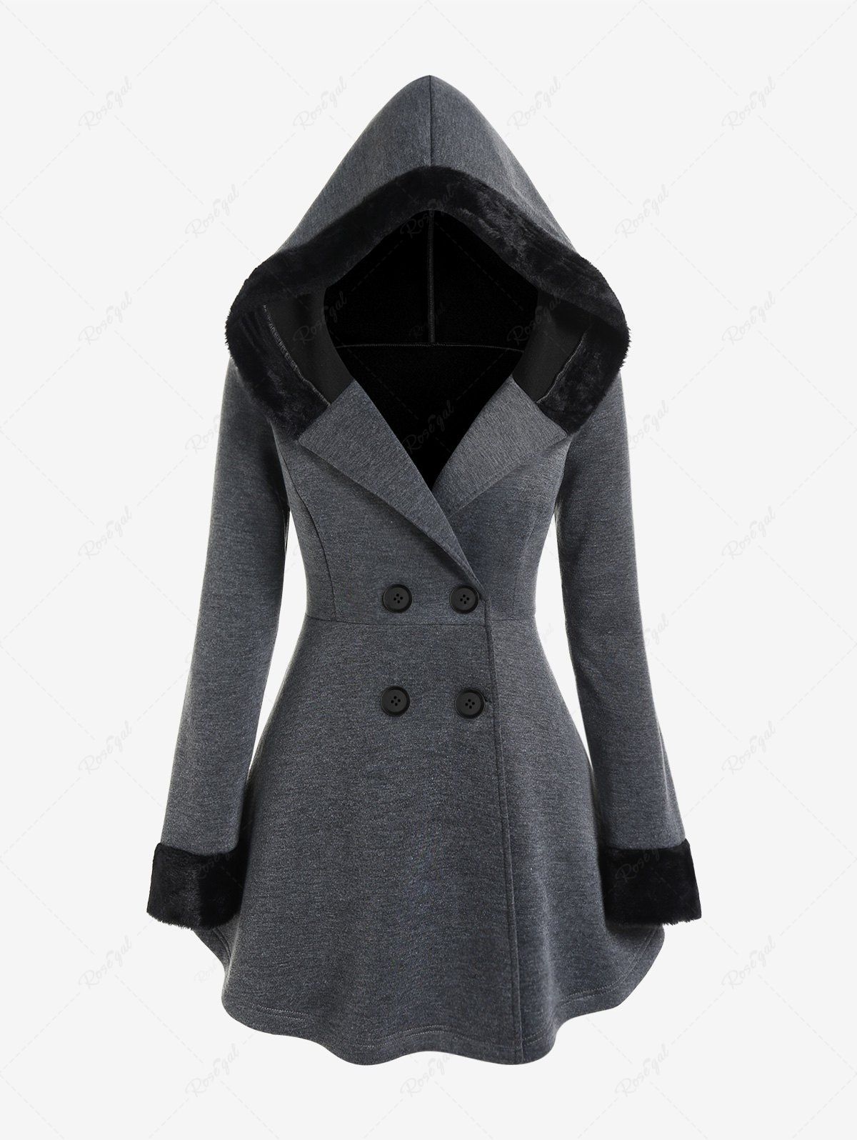 Shops Plus Size Contrast Faux-fur Trim Hooded Double Breasted Coat  