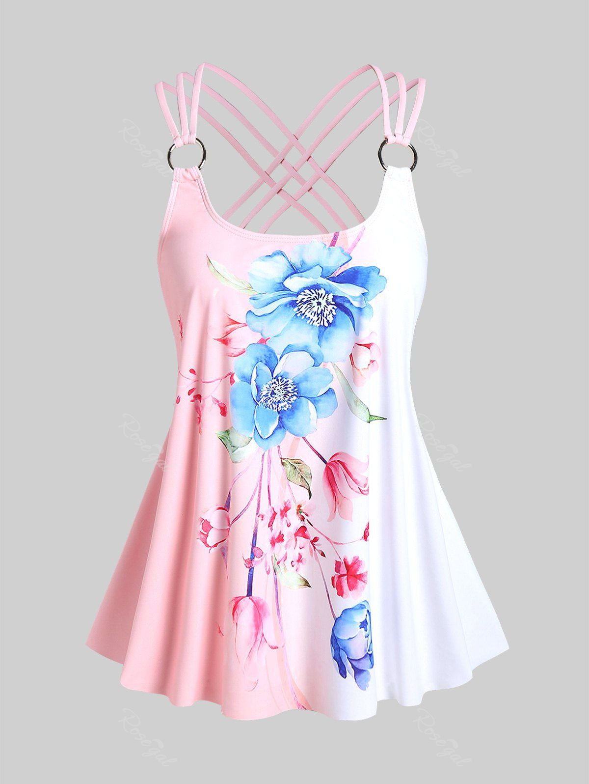 Outfit Plus Size Flower Printed Colorblock Padded Strappy Tankini Top Swimsuit  