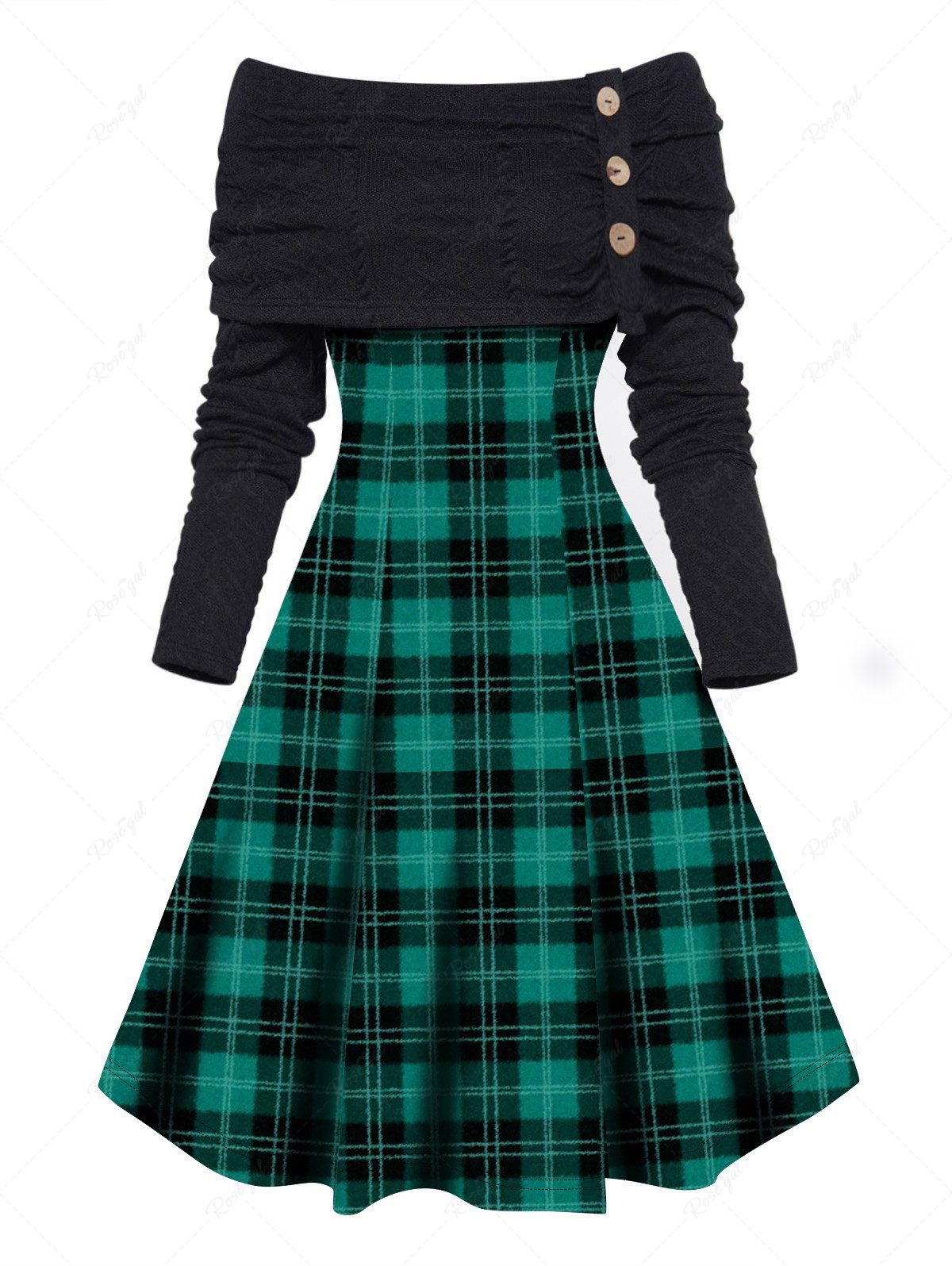 Sale Plaid Print Panel Foldover Mock Button Off the Shoulder A Line Mini Dress  