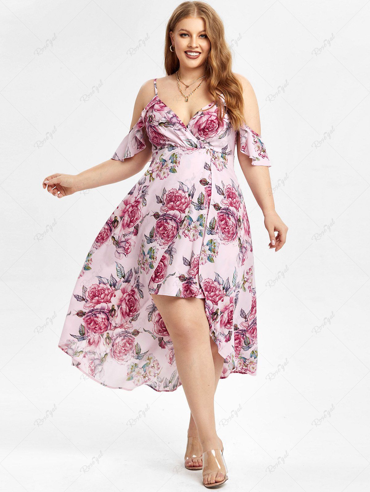 Shop Plus Size Cold Shoulder Floral Print High Low Maxi Dress (Adjustable Straps)  