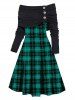 Plaid Print Panel Foldover Mock Button Off the Shoulder A Line Mini Dress -  
