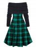 Plaid Print Panel Foldover Mock Button Off the Shoulder A Line Mini Dress -  