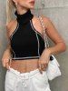 Contrast Stitching Ribbed High Neck Crop Top -  