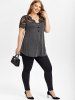 Plus Size Short Sleeve Sheer Lace Panel T-shirt -  