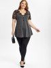 Plus Size Short Sleeve Sheer Lace Panel T-shirt -  