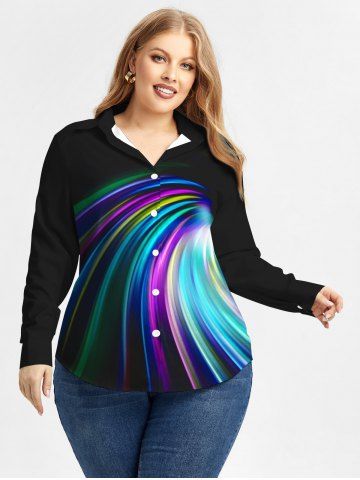 Plus Size Light Beam Print Button Up Shirt - BLACK - 2XL