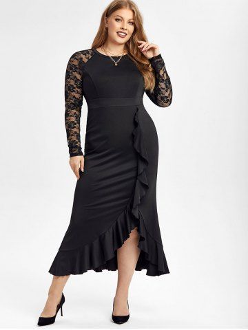 Plus Size Lace Raglan Sleeves Slit A Line Party Dress with Flounce - BLACK - L | US 12