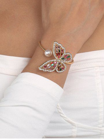 Diamond Faux Pearl Rhinestone Decor Butterfly Cuff Bracelet