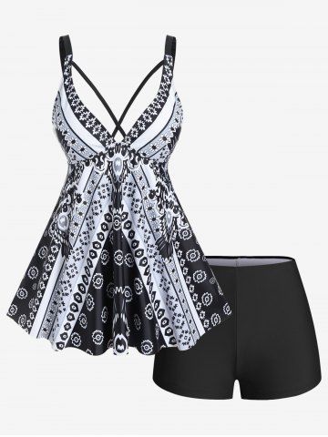 Plus Size Tribal Geo Print Crisscross Padded Boyshorts Tankini Swimsuit - BLACK - 4X | US 26-28