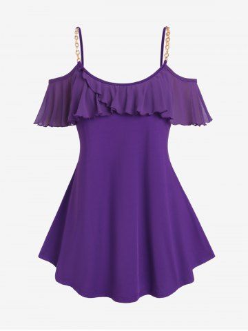 Plus Size Flounce Cold Shoulder Solid Tee with Chains - PURPLE - M | US 10