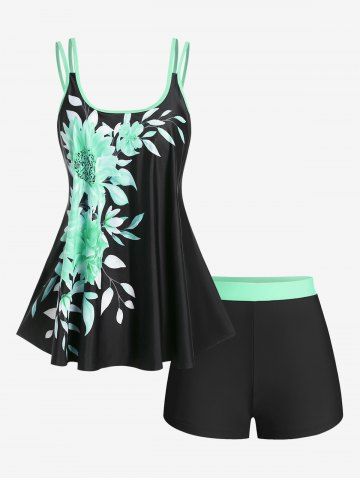 Plus Size Flower Printed Two Tone Backless Padded Boyleg Tankini Swimsuit - BLACK - L | US 12