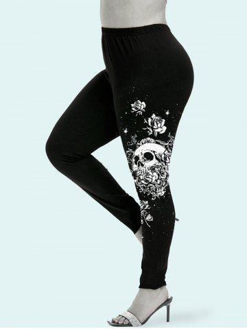 Gothic Side Rose Skull Print Leggings - BLACK - 2X | US 18-20