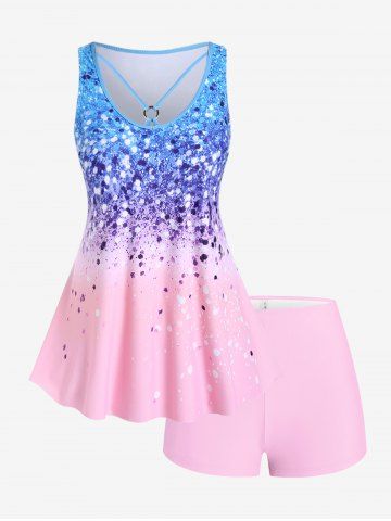 Plus Size Sparkle Print Colorblock Tankini Boyshorts Swimsuit - BLUE - 2X | US 18-20