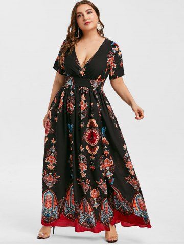 Plus Size Bohemian Printed High Slit Maxi Dress - BLACK - L | US 12