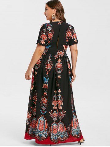 Plus Size Bohemian Printed High Slit Maxi Dress