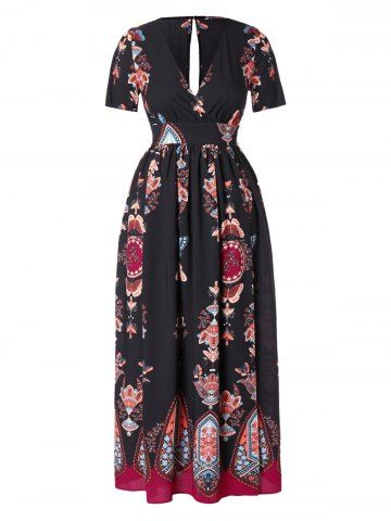 Plus Size Bohemian Printed High Slit Maxi Dress