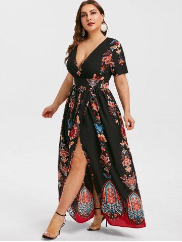 Plus Size Bohemian Printed High Slit Maxi Dress