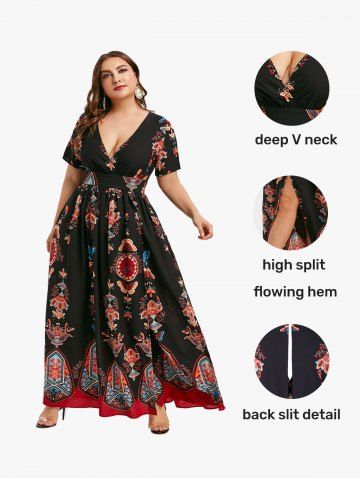 Plus Size Bohemian Printed High Slit Maxi Dress