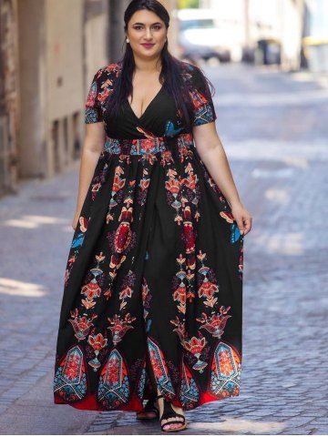 Plus Size Bohemian Printed High Slit Maxi Dress [31% OFF] | Rosegal