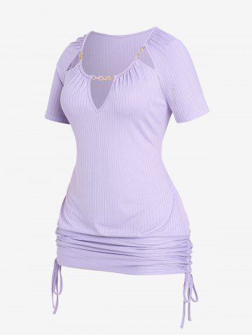 Plus Size Keyhole Ribbed Cutout Chains Cinched Raglan Sleeves Tee