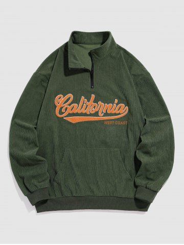 California Letter Embroidered Pullover Corduroy Jacket - DEEP GREEN - XL