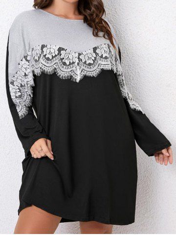 Robe T-Shirt à Manches Longues avec Empiècements en Dentelle Motif Floral et Blocs de Couleurs Grande-Taille - MULTI-A - 2XL