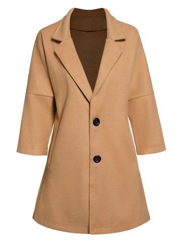 Solid Color Side Pocket Three Quarter Sleeve Drop Shoulder Long Coat - COFFEE - M