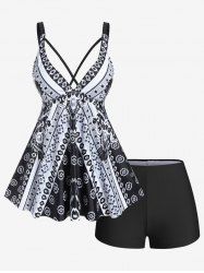 Plus Size Tribal Geo Print Crisscross Padded Boyshorts Tankini Swimsuit -  