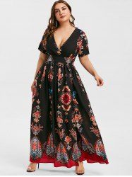 Plus Size Bohemian Printed High Slit Maxi Dress -  