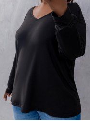 Low Cut Crossover Floral Lace Long Sleeve Plus Size Tee -  