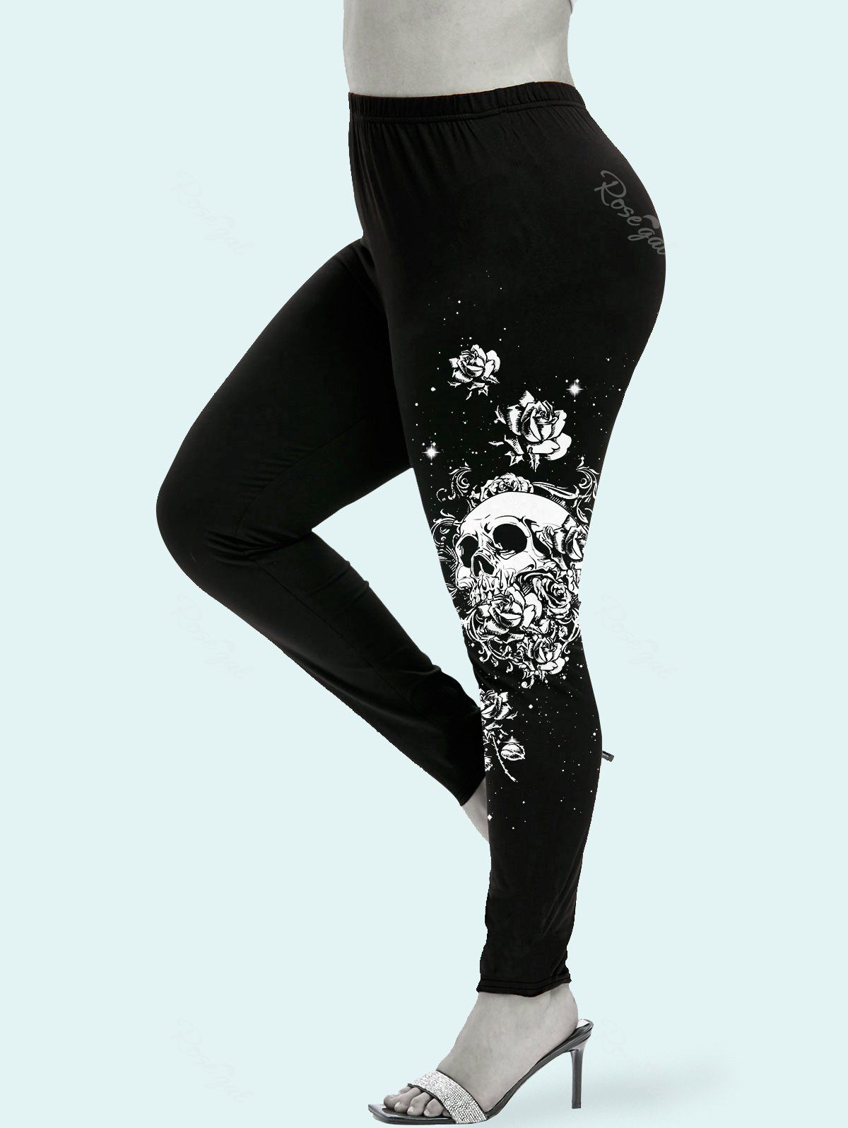 Trendy Gothic Side Rose Skull Print Leggings  