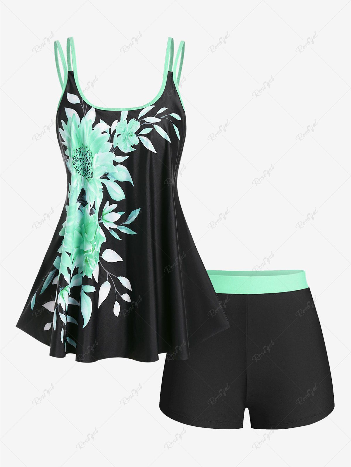 Hot Plus Size Flower Printed Two Tone Backless Padded Boyleg Tankini Swimsuit  