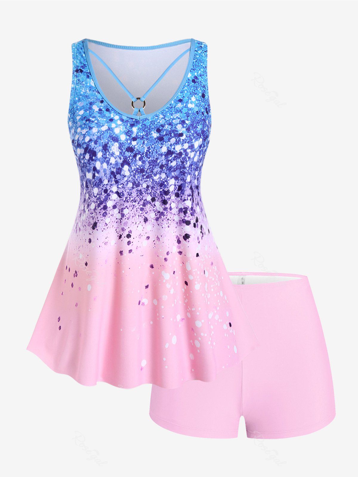 Affordable Plus Size Sparkle Print Colorblock Tankini Boyshorts Swimsuit  