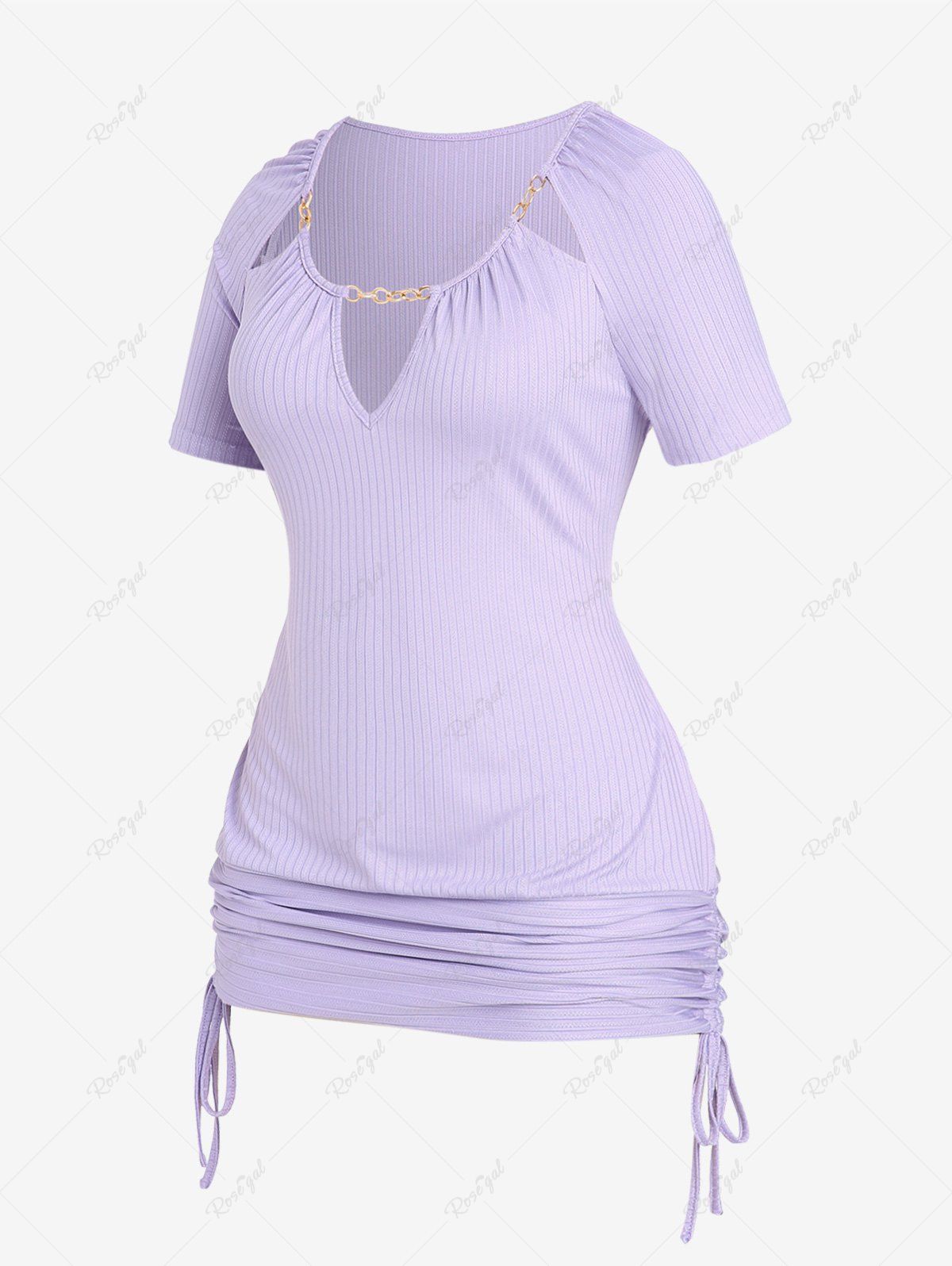 New Plus Size Keyhole Ribbed Cutout Chains Cinched Raglan Sleeves Tee  