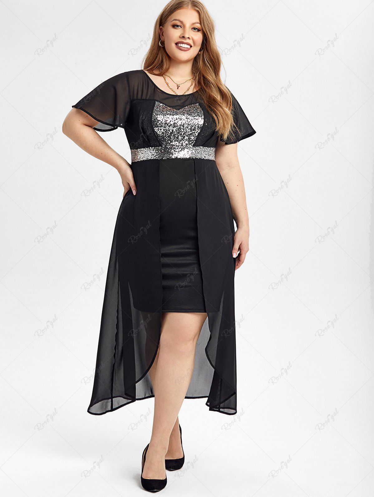 Chic Plus Size Sequins Mesh Panel Overlay Midi Bodycon Party Dress  