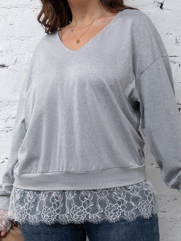 Best Plus Size Drop Shoulder Sheer Floral Lace Panel Sweatshirt  