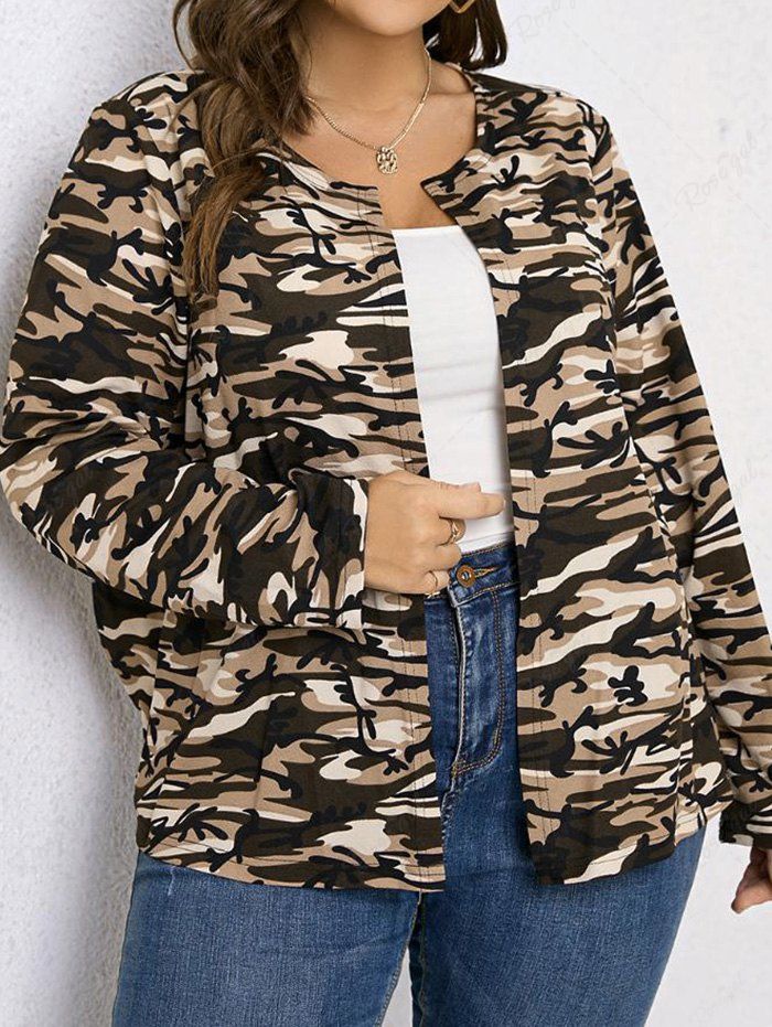 Fancy Plus Size Allover Camouflage Print Open Front Top  