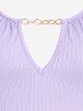 Plus Size Keyhole Ribbed Cutout Chains Cinched Raglan Sleeves Tee -  