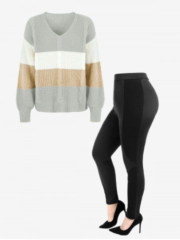 V Neck Cable Knit Block Striped Sweater and Ribbed Panel Colorblock Pants Plus Size Outerwear Outfit - LIGHT COFFEE