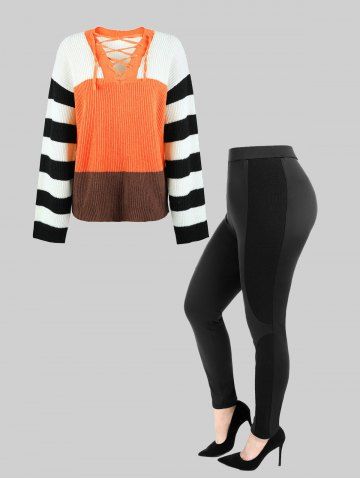 Lace-up Colorblock Striped Sweater and Ribbed Panel Colorblock Pants Plus Size Outerwear Outfit - ORANGE