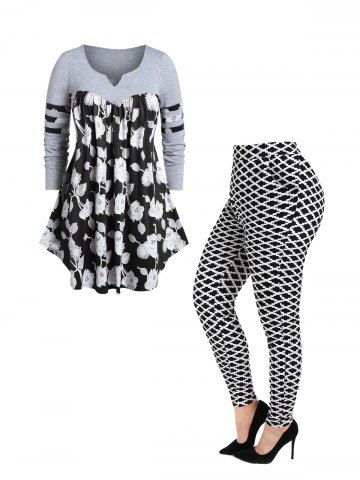 Floral Print Tunic T-shirt and Monochrome Geometrical Print Skinny Pants Plus Size Outfits