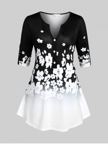 Plus Size Gradient Flower Print Buttons T Shirt - MULTI - L