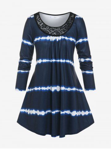 Plus Size Lace Panel Tie Dye Tee - DEEP BLUE - 4X